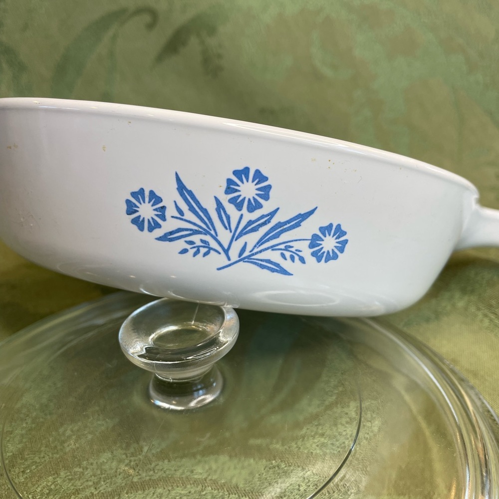 Vintage Corning Ware cornflower 6 1/2 inch skillet with lid.